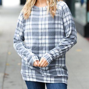 Cozy Grey Plaid Double Brushed Hacci Pullover